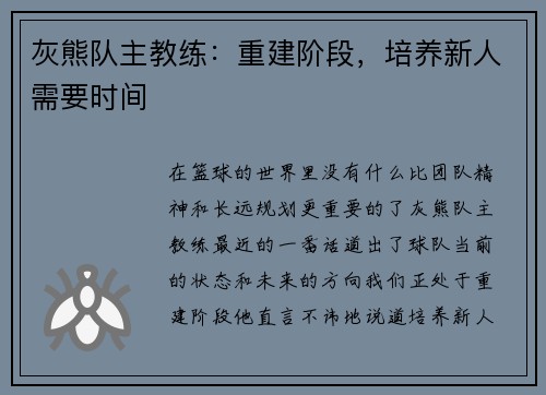 灰熊队主教练：重建阶段，培养新人需要时间